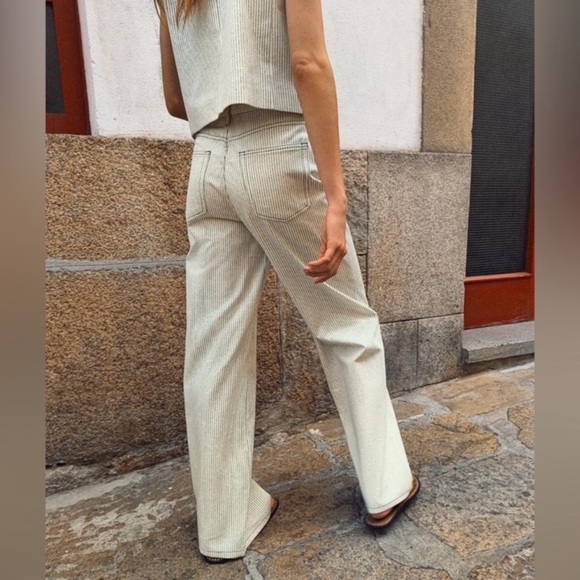 Zara cream and green Pin Striped Wide-Leg high rise 100% cotton jeans Pants 8 - Picture 1 of 10